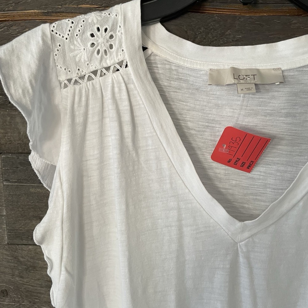 Womens M LOFT V-Neck White Boho Bohemian Indie Western Lace Eyelet Shirt Cotton - Picture 4 of 5